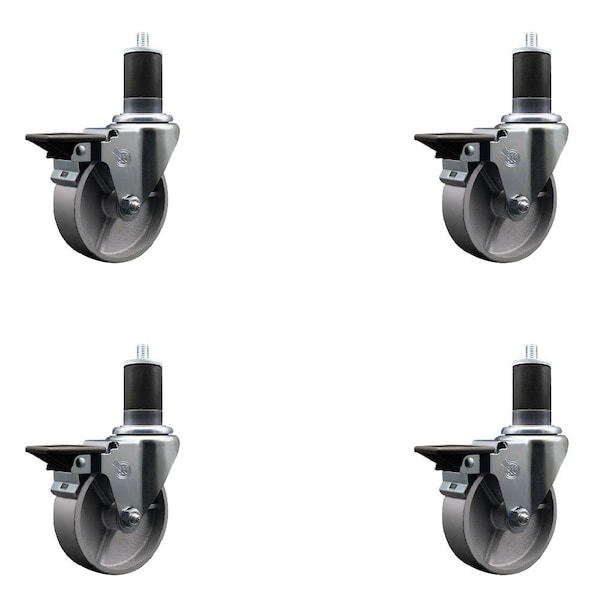 4'' Semi Steel Swivel 1-5/8'' Expanding Stem Caster Set with Brake, 4PK